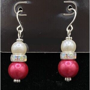 Handmade White & Red Faux Pearl with Rhinestone Rondelle Earrings by Neanie-Bot